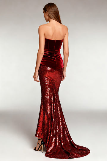 Saprkly Burgundy Strapless Sequins Long Formal Dress